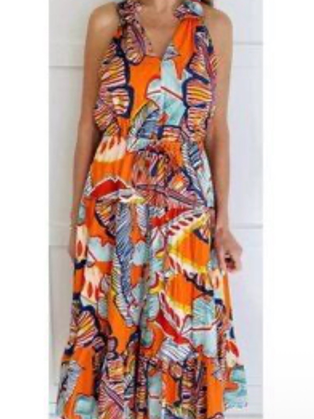 🧡 New Willa Story Cotton Orange Printed Ruffle Maxi Dress